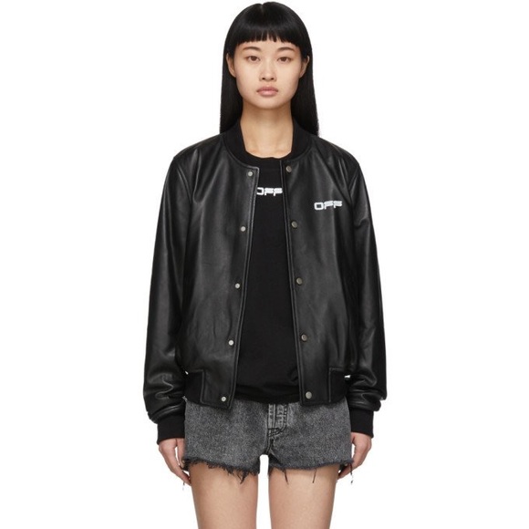 Off White Black Leather Arrow Bomber Jacket - Picture 2 of 5